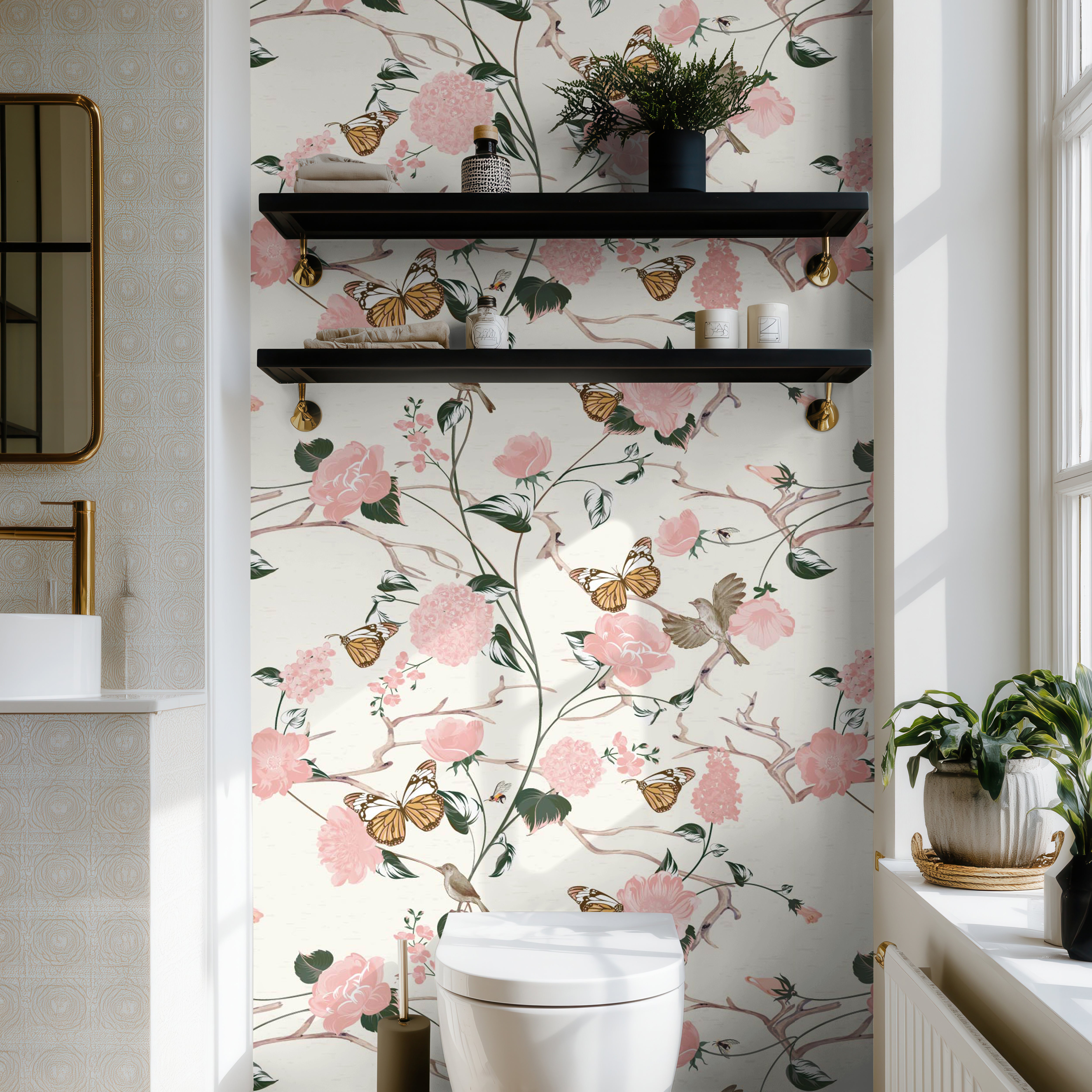 Soft pink florals with butterflies on white background styled in modern bathroom interior