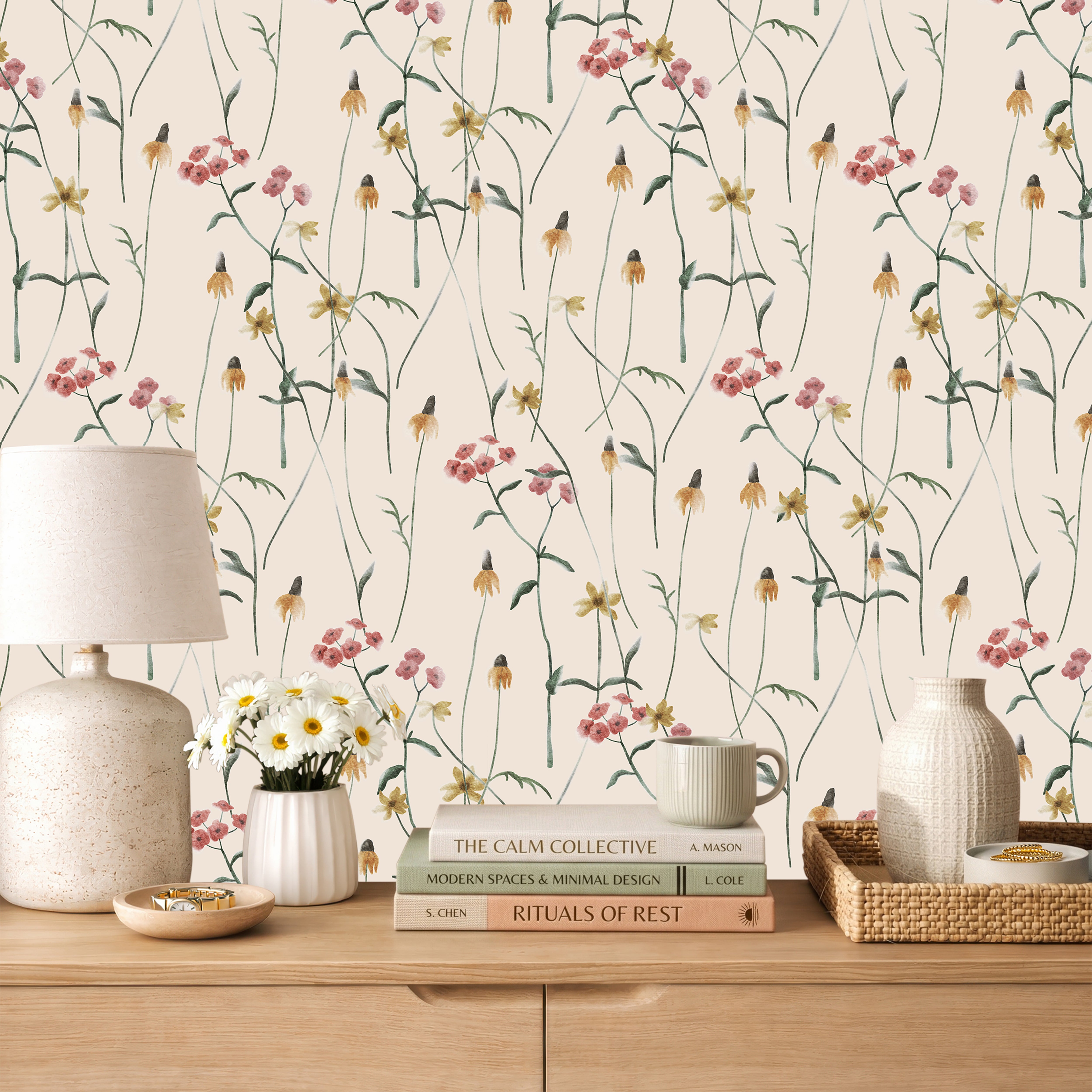 Delicate wildflower with daisies and poppies on light cream background in warm whimsical bedroom