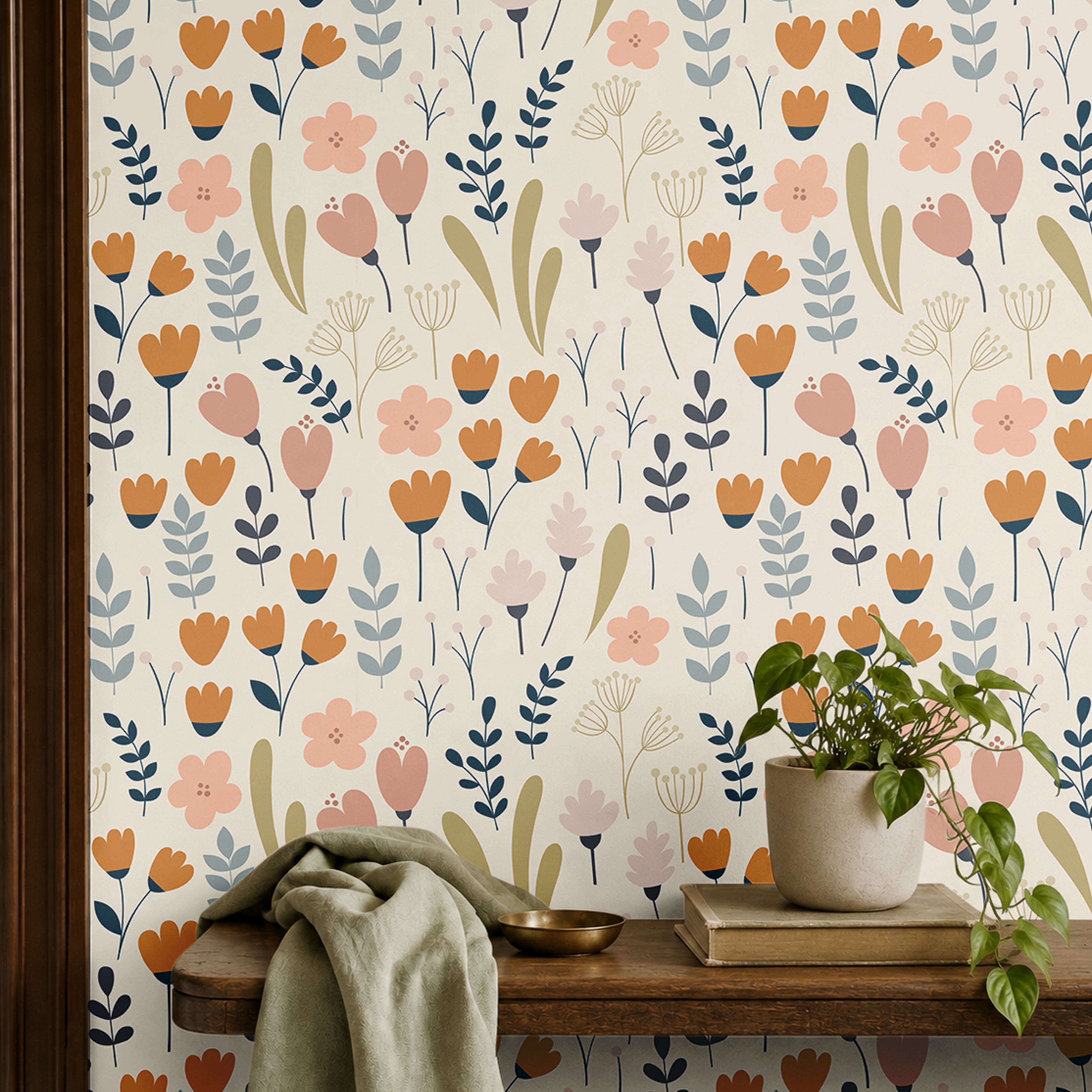 Beige background wit multicolor florals with pinks oranges and greens 