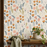 Beige background wit multicolor florals with pinks oranges and greens 