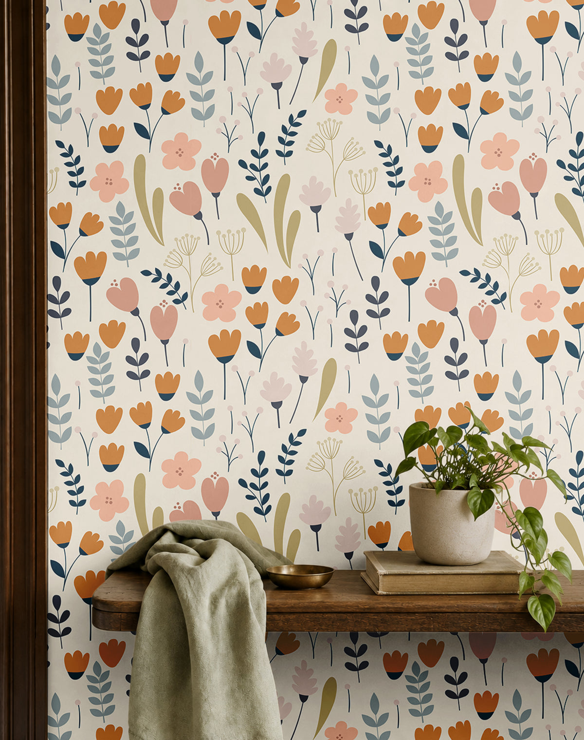 Beige background wit multicolor florals with pinks oranges and greens 