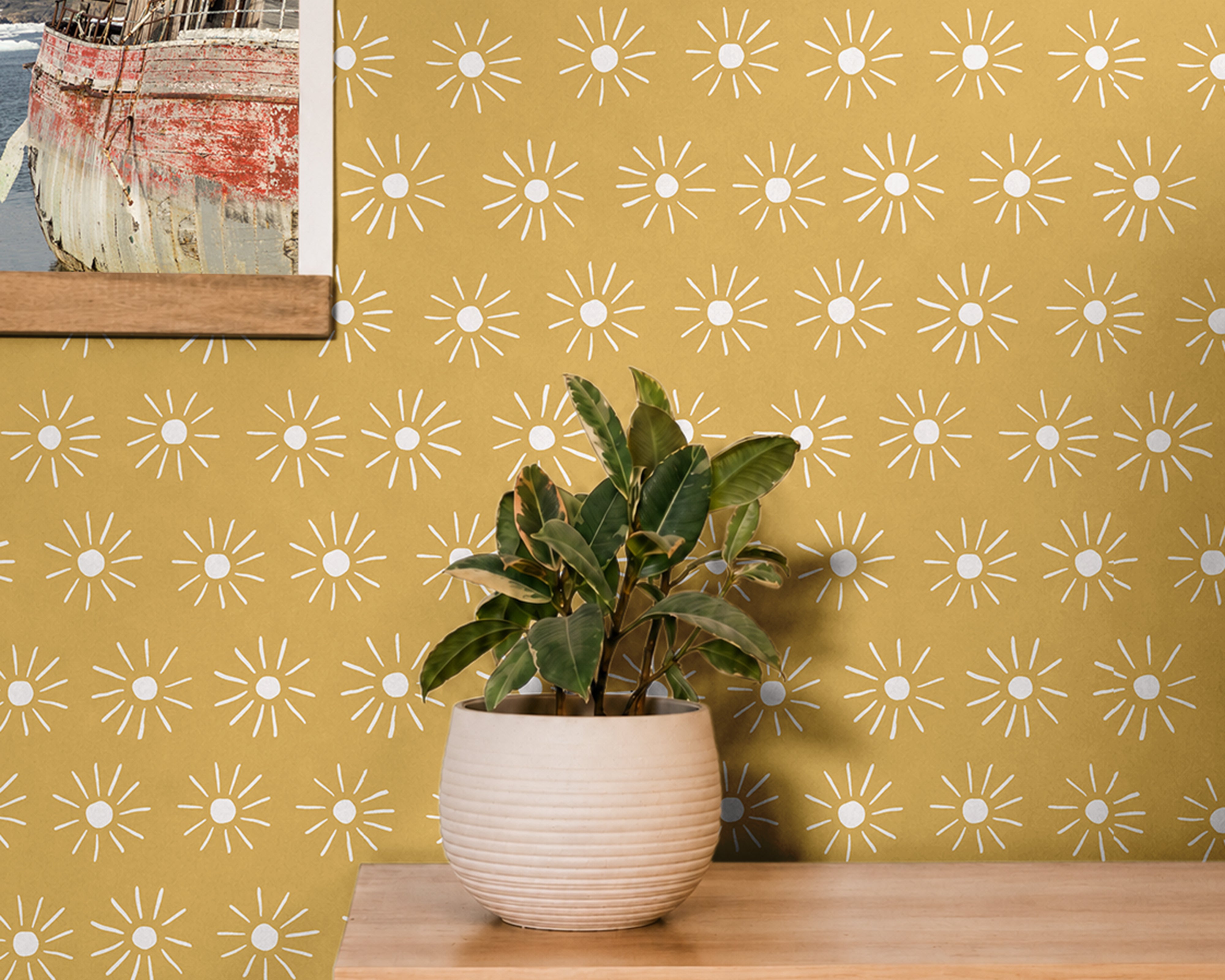 White boho suns on warm golden yellow background