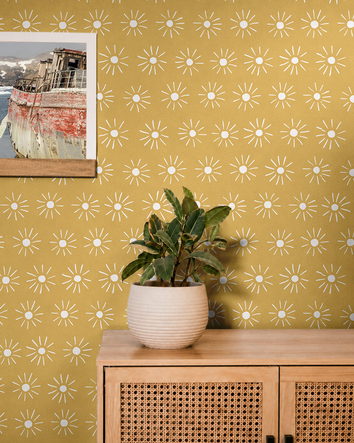 White boho suns on warm golden yellow background