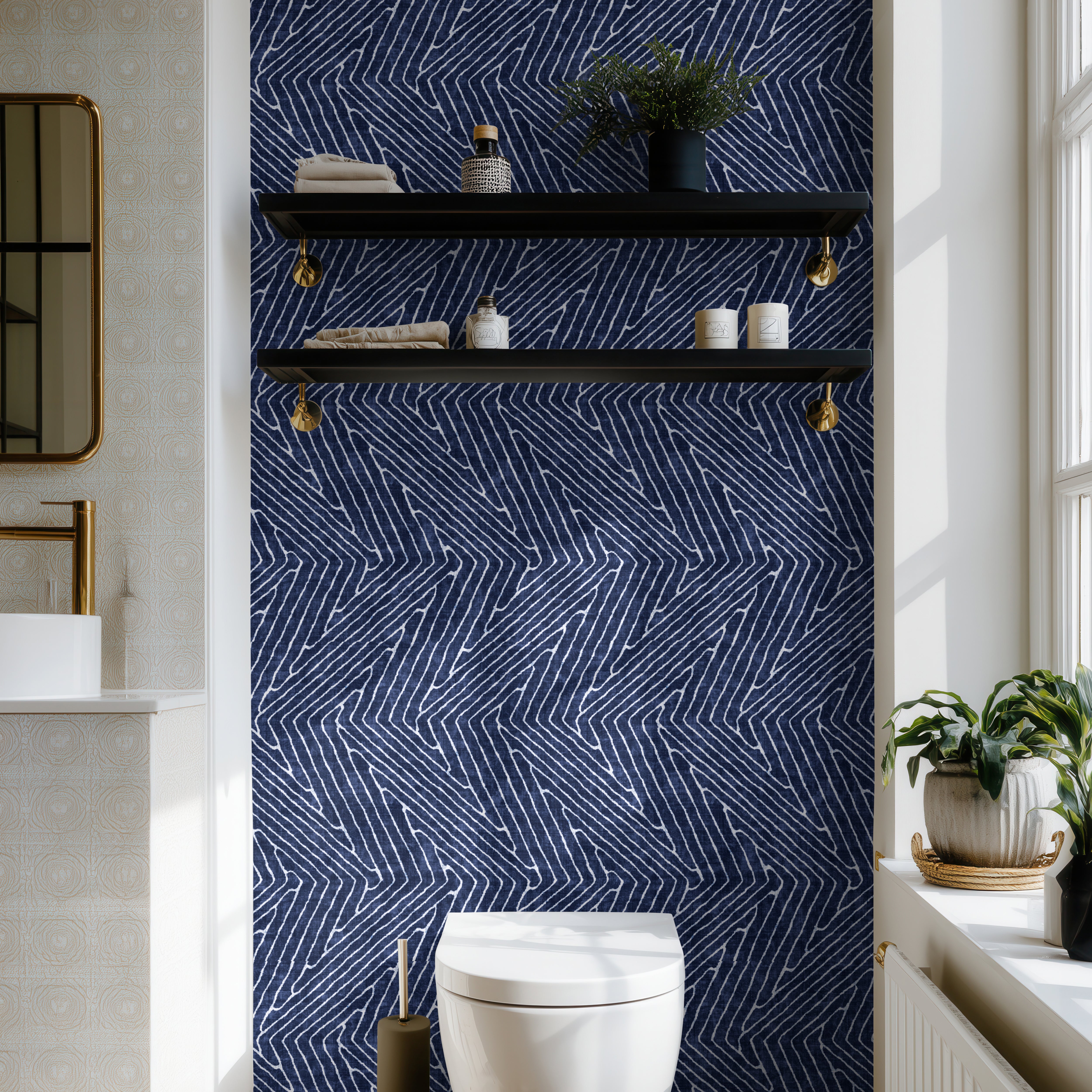 Blue and white zigzag stripes accent wall with shelves in modern bathroom
