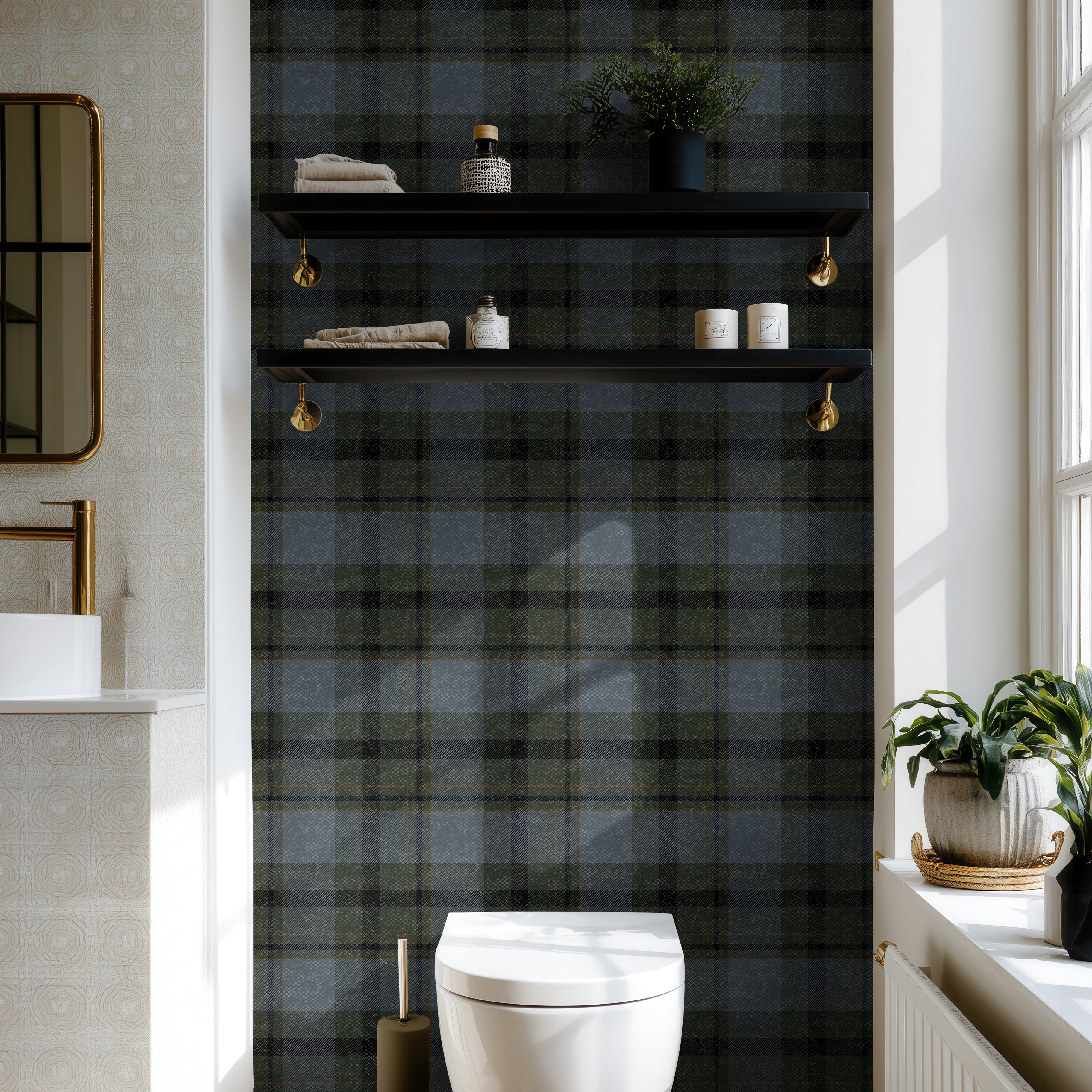 adler plaid charcoal blue tartan pattern wallpaper with classic grid design