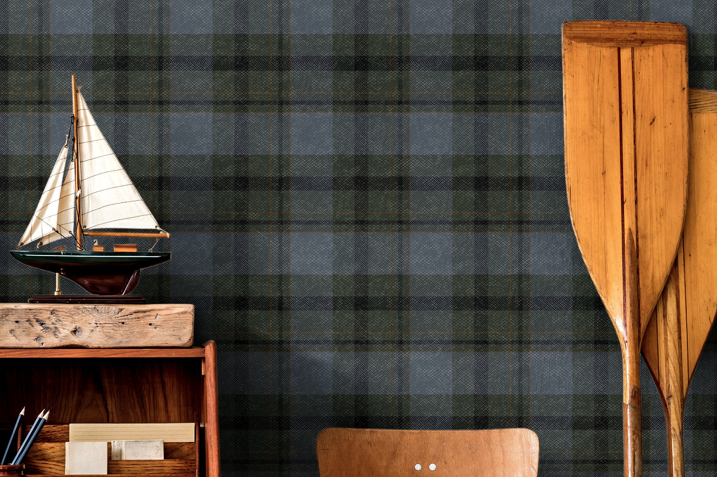 charcoal blue plaid wallpaper with warm brown accents in tartan style