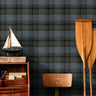 charcoal blue plaid wallpaper with warm brown accents in tartan style