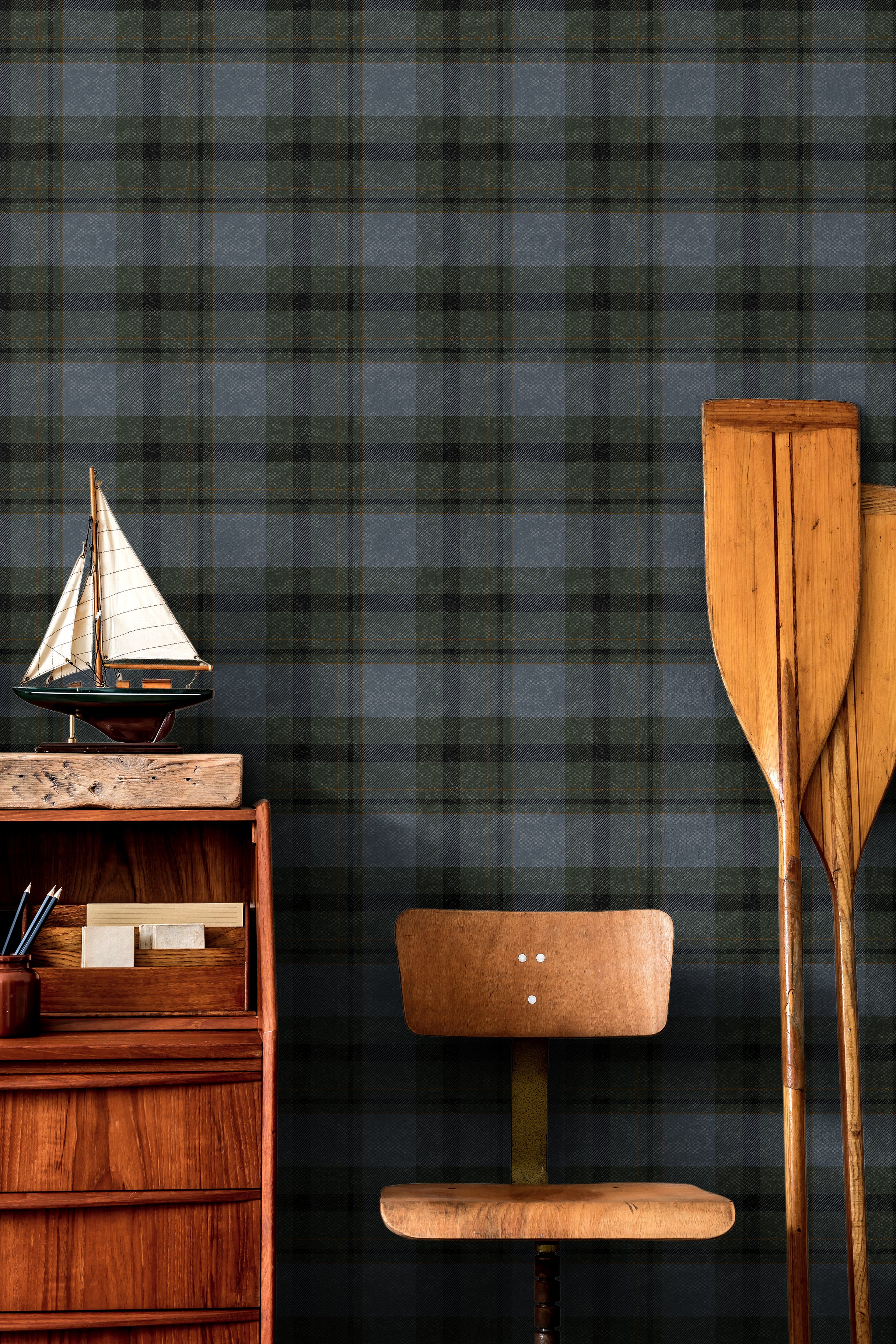 charcoal blue plaid wallpaper with warm brown accents in tartan style