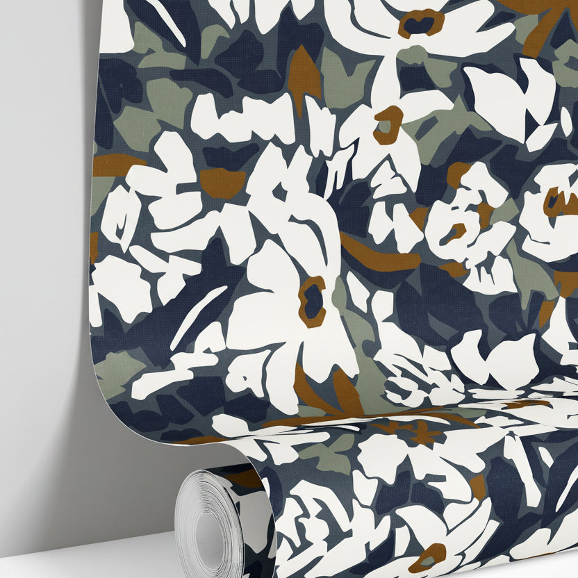 wallpaper roll showing navy floral botanical pattern with high contrast detail