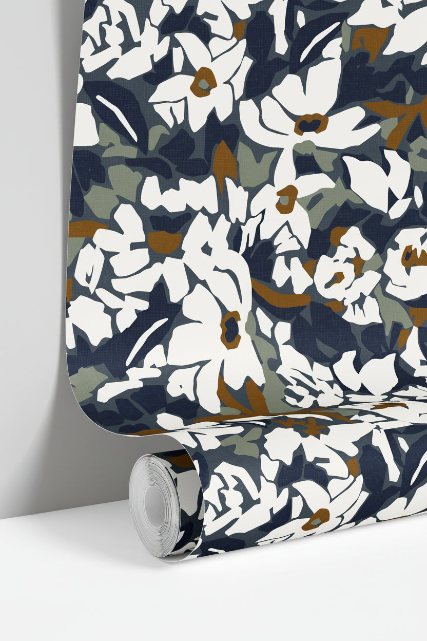 wallpaper roll showing navy floral botanical pattern with high contrast detail