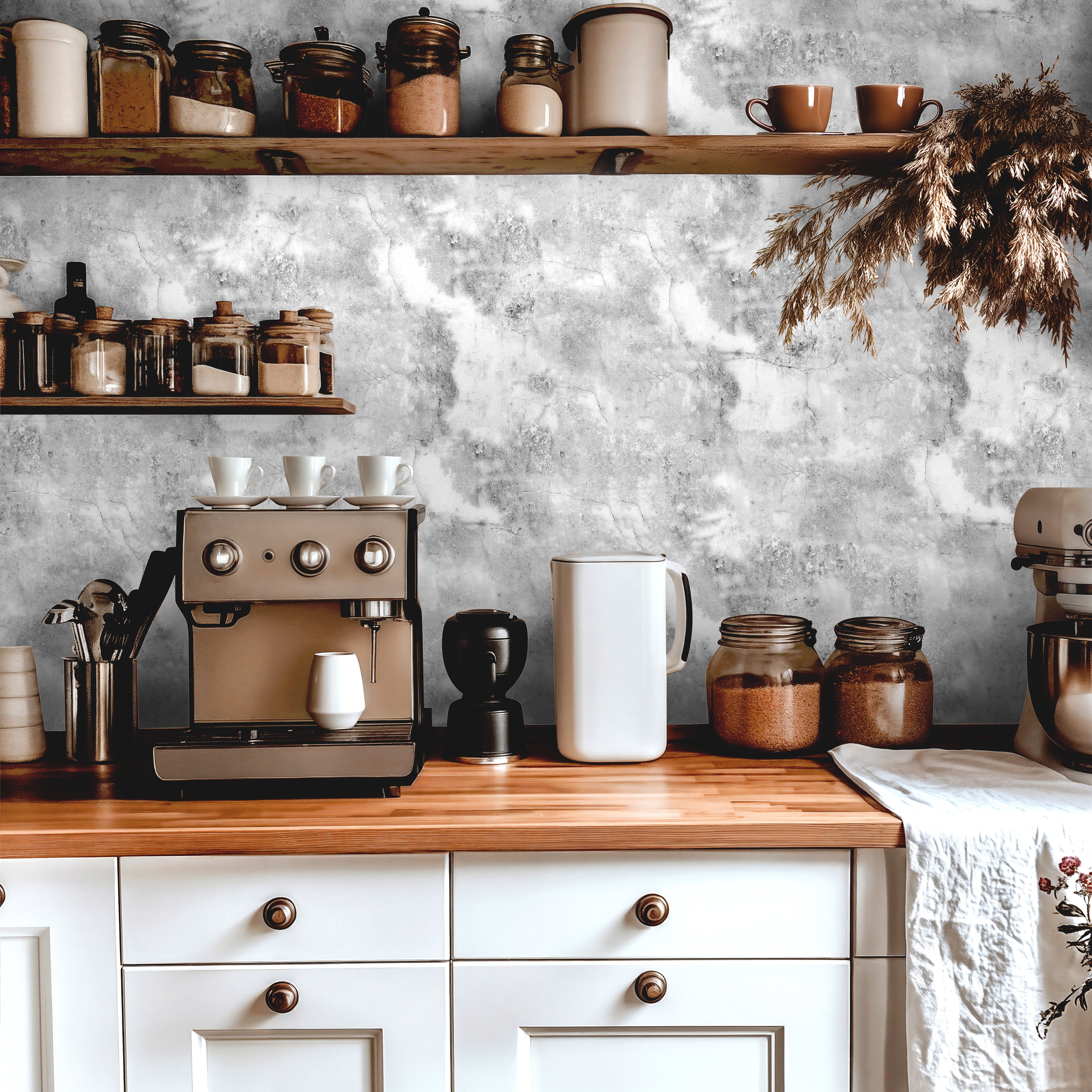 kitchen space featuring concrete texture wallpaper with minimal modern finish