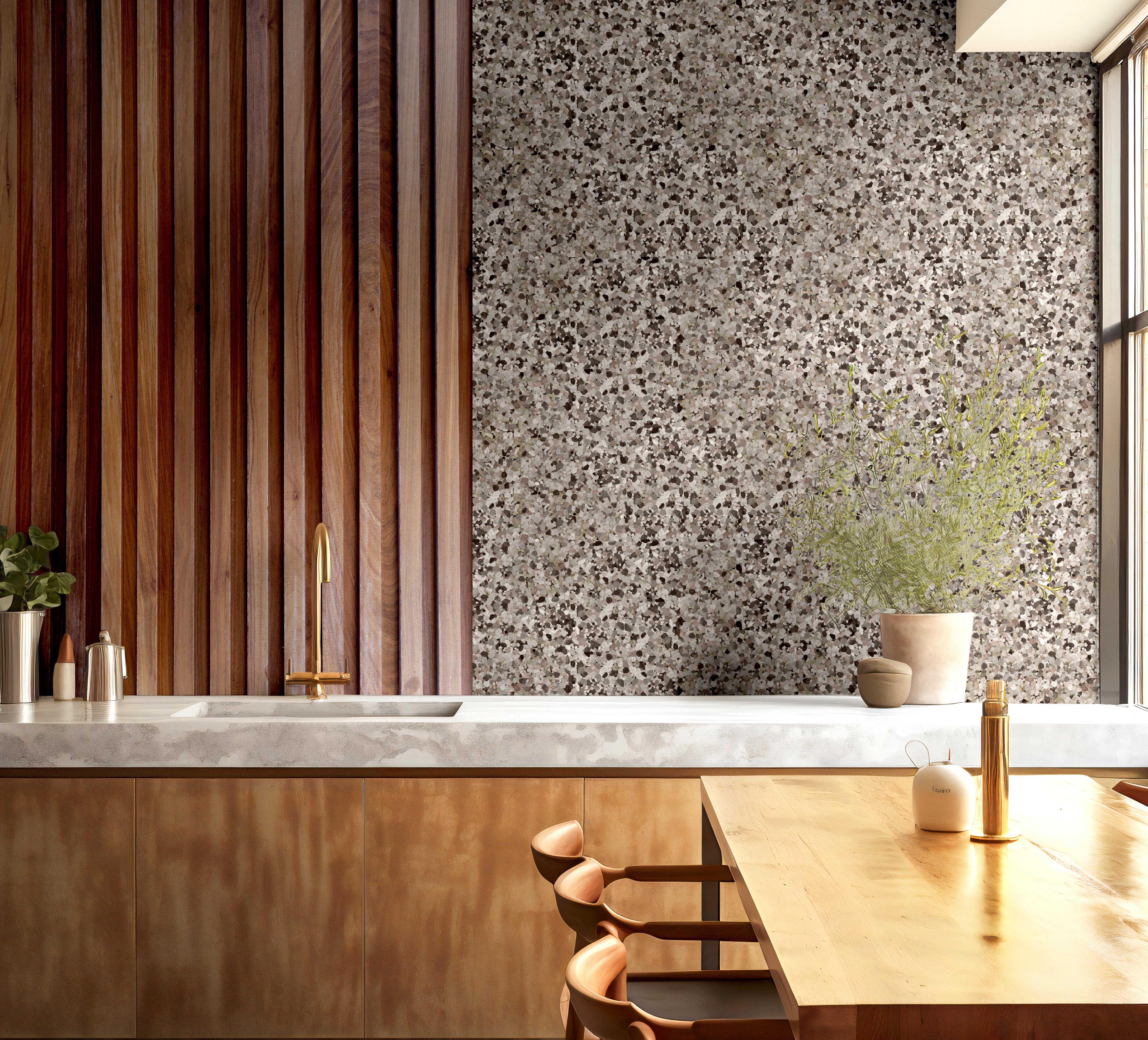modern kitchen with ardenwall stone wallpaper and natural wood shelving – james & colors