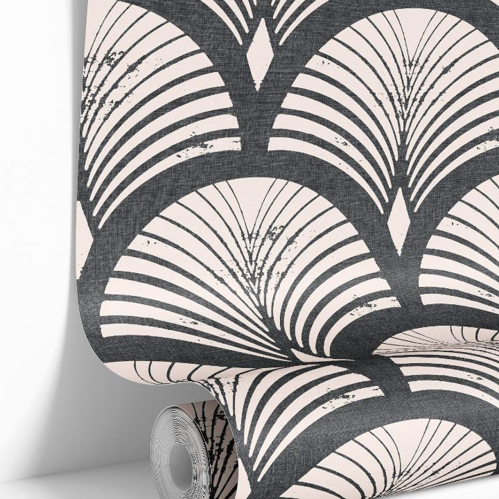 ashcroft charcoal blush art deco wallpaper roll showing geometric fan arches and linen texture