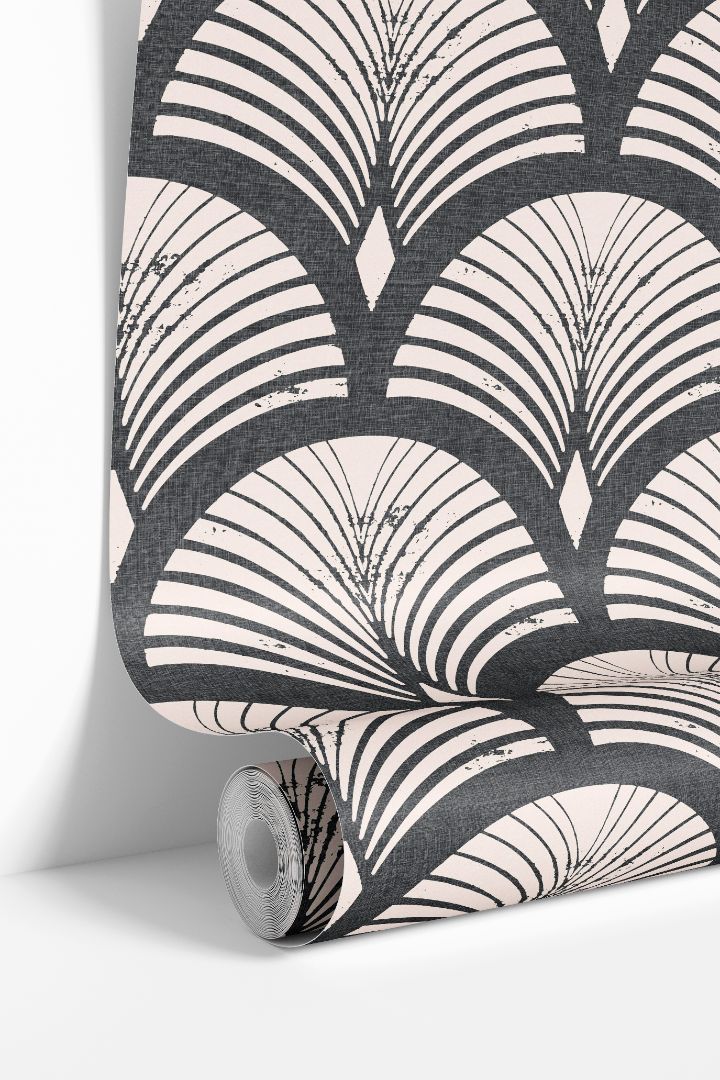 ashcroft charcoal blush art deco wallpaper roll showing geometric fan arches and linen texture