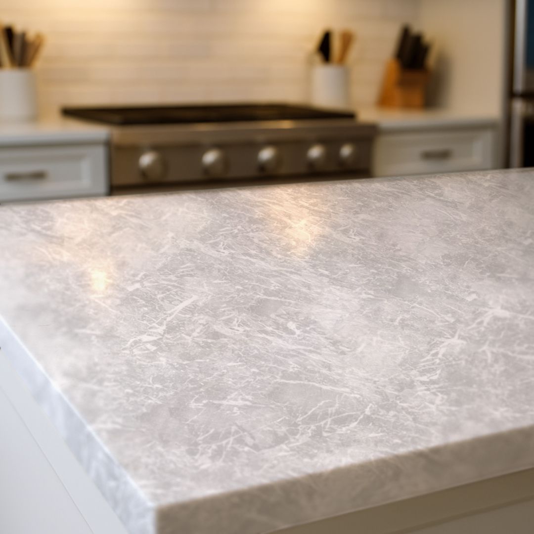 Close up of Ashmere Marble countertop film 80 showing soft gray marble veining