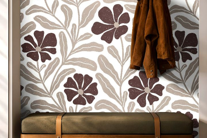 Close up of Auburnwell wallpaper showing warm auburn botanical design and textured speckled finish
