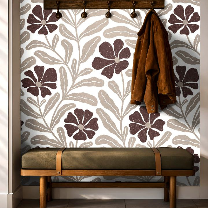 Close up of Auburnwell wallpaper showing warm auburn botanical design and textured speckled finish