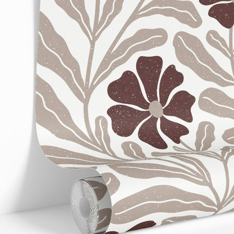 Wallpaper roll displaying Auburnwell floral pattern in rich auburn tones