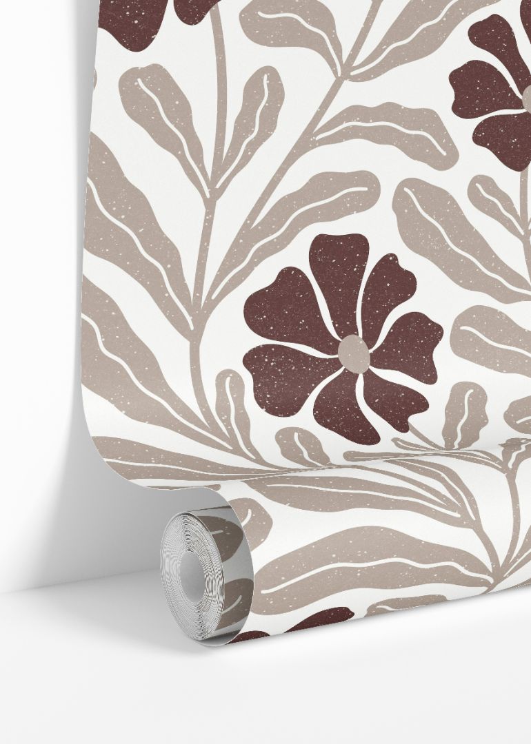 Wallpaper roll displaying Auburnwell floral pattern in rich auburn tones