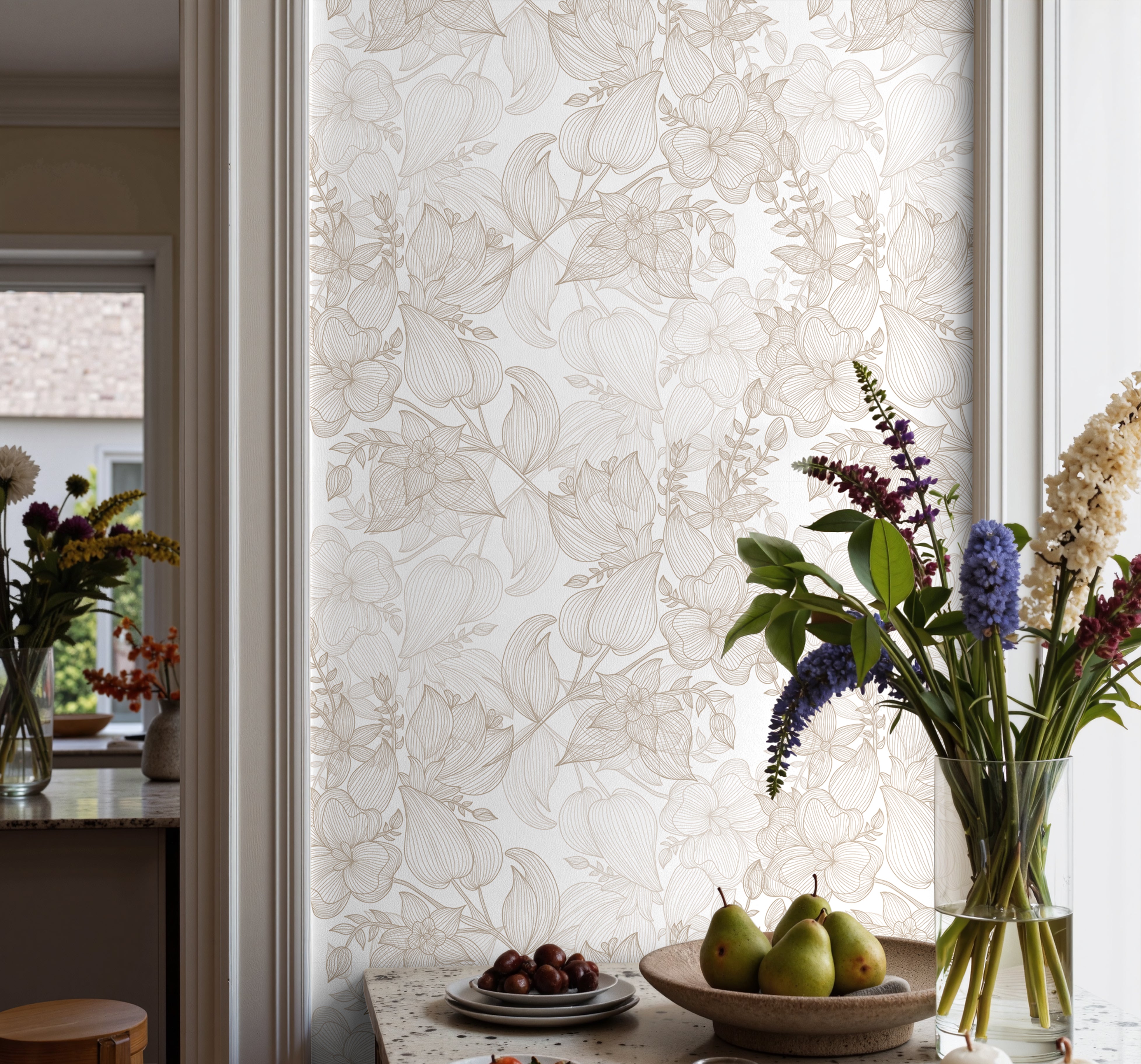 neutral floral wallpaper with soft tan tones for bedroom and kitchen walls