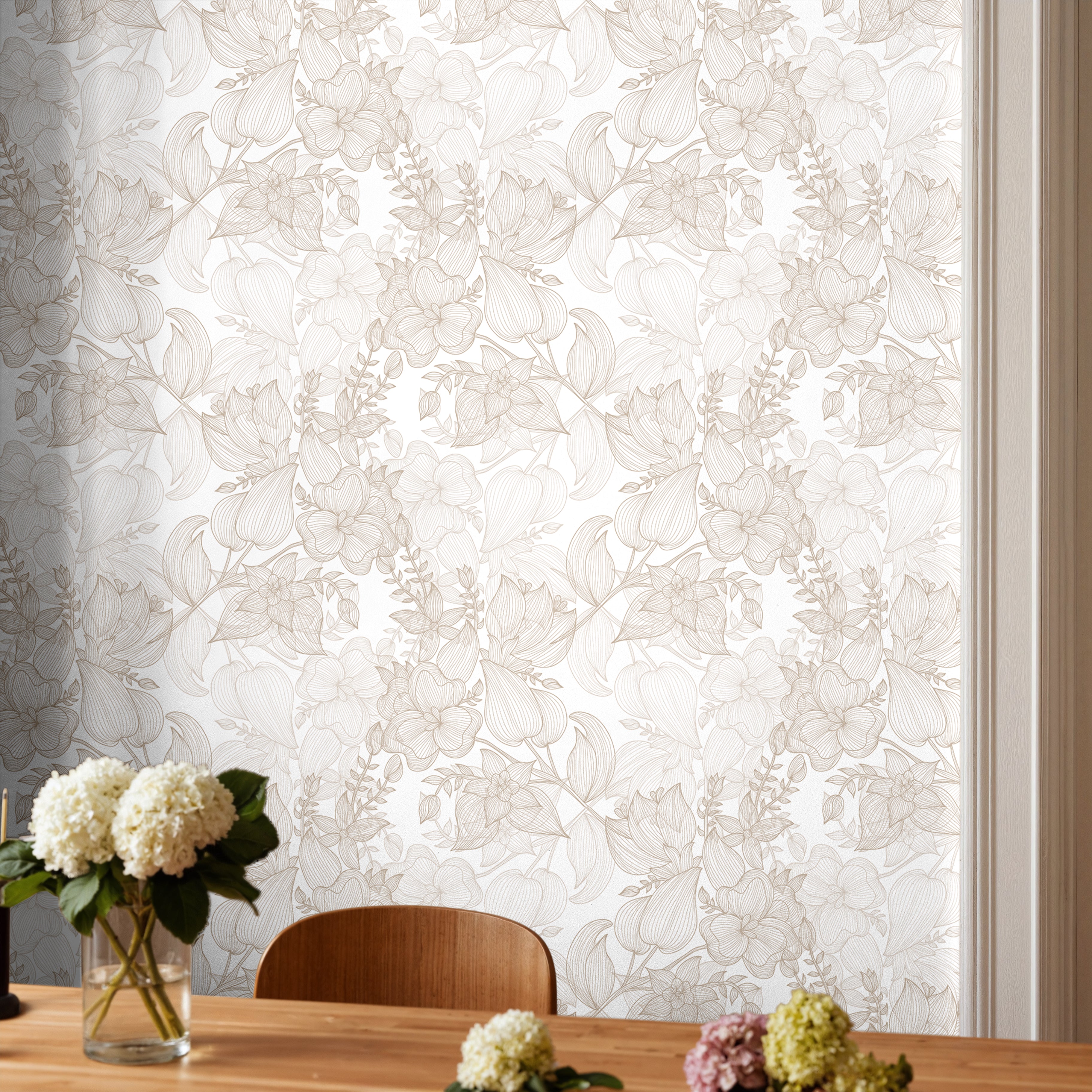 modern interior with subtle floral wallpaper and warm neutral color palette
