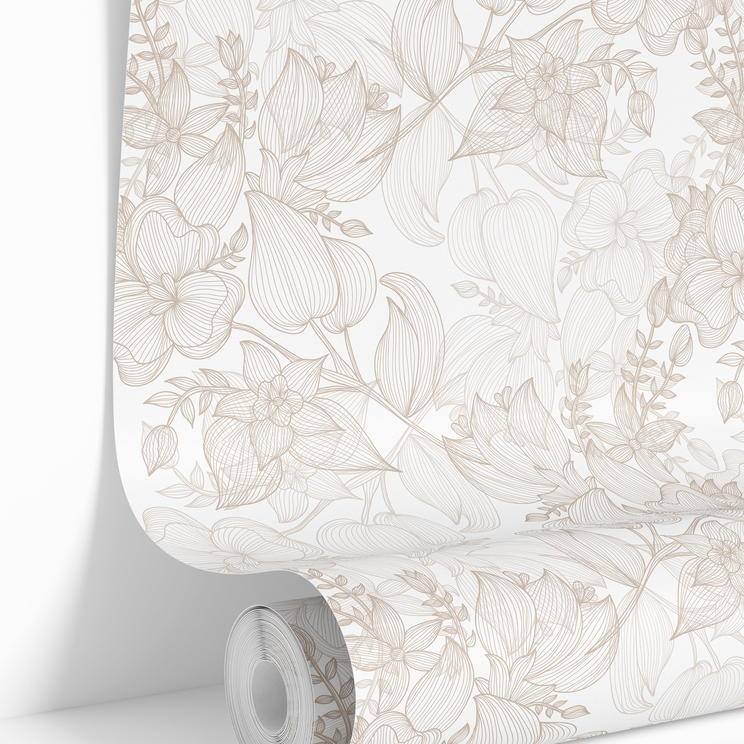 wallpaper roll showing neutral floral pattern with soft tan tones for accent walls