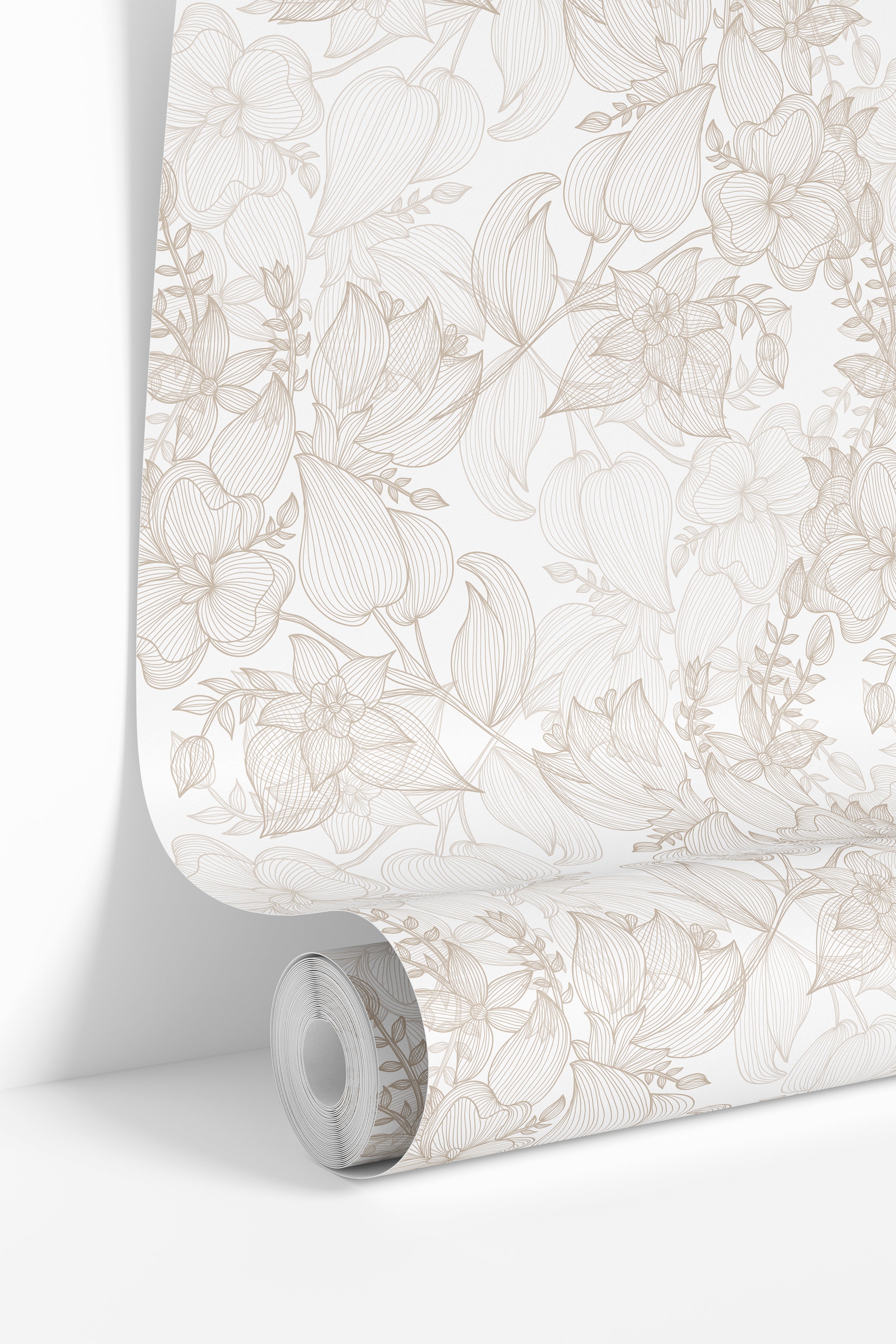 wallpaper roll showing neutral floral pattern with soft tan tones for accent walls