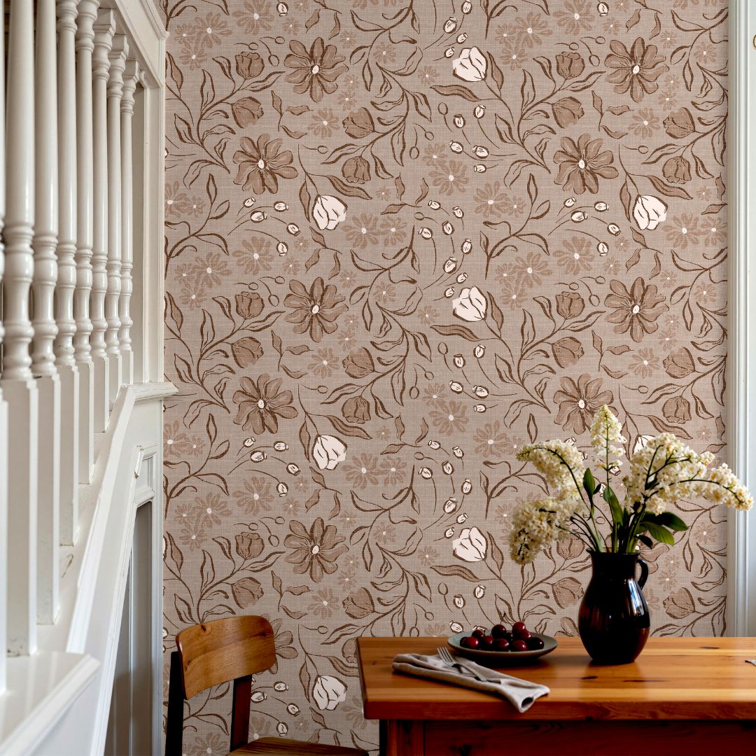 Close-up of Barleymont wallpaper showing its subtle linen texture and warm neutral pattern.