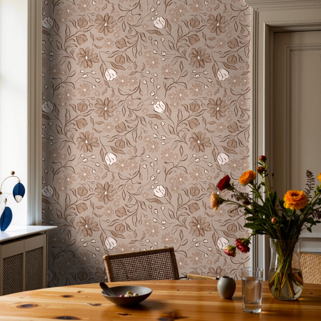 Barleymont wallpaper in soft beige and taupe tones creating a modern neutral wall design.