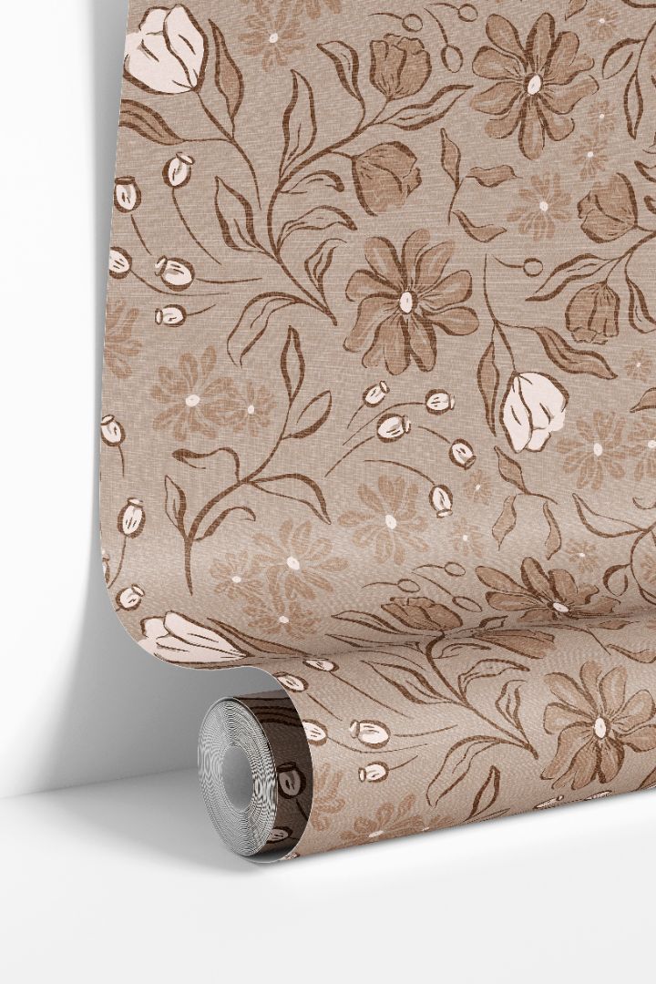Roll of Barleymont wallpaper – 2273 in warm taupe beige tones with fine natural detailing.