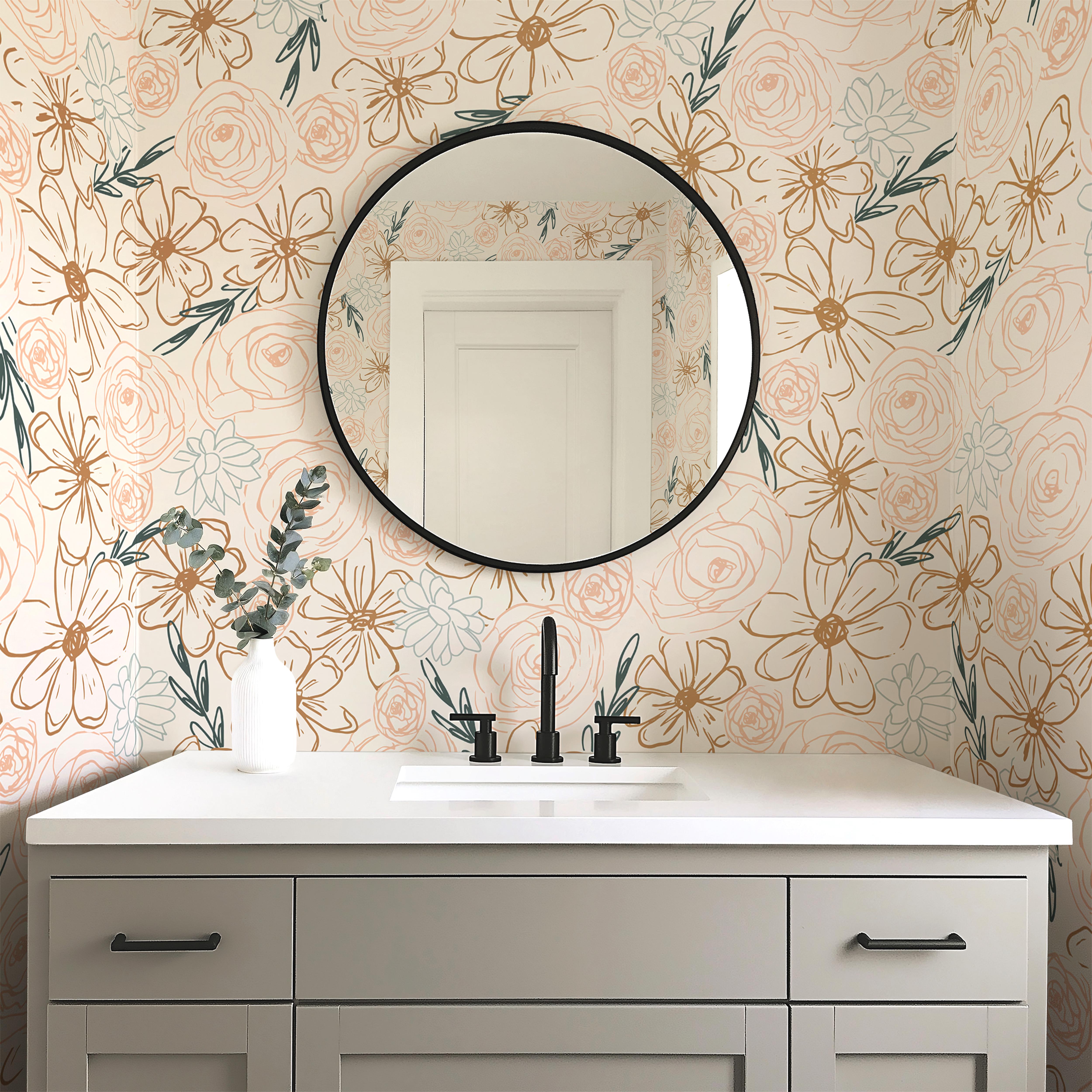 blush and white floral wallpaper in bathroom 157