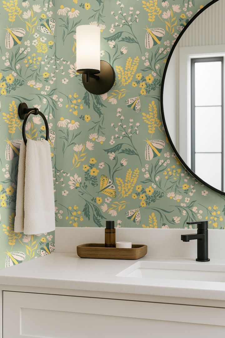 buttercup bloom sage green floral wallpaper with yellow and white flowers in a modern bathroom vanity with round mirror and black fixtures
