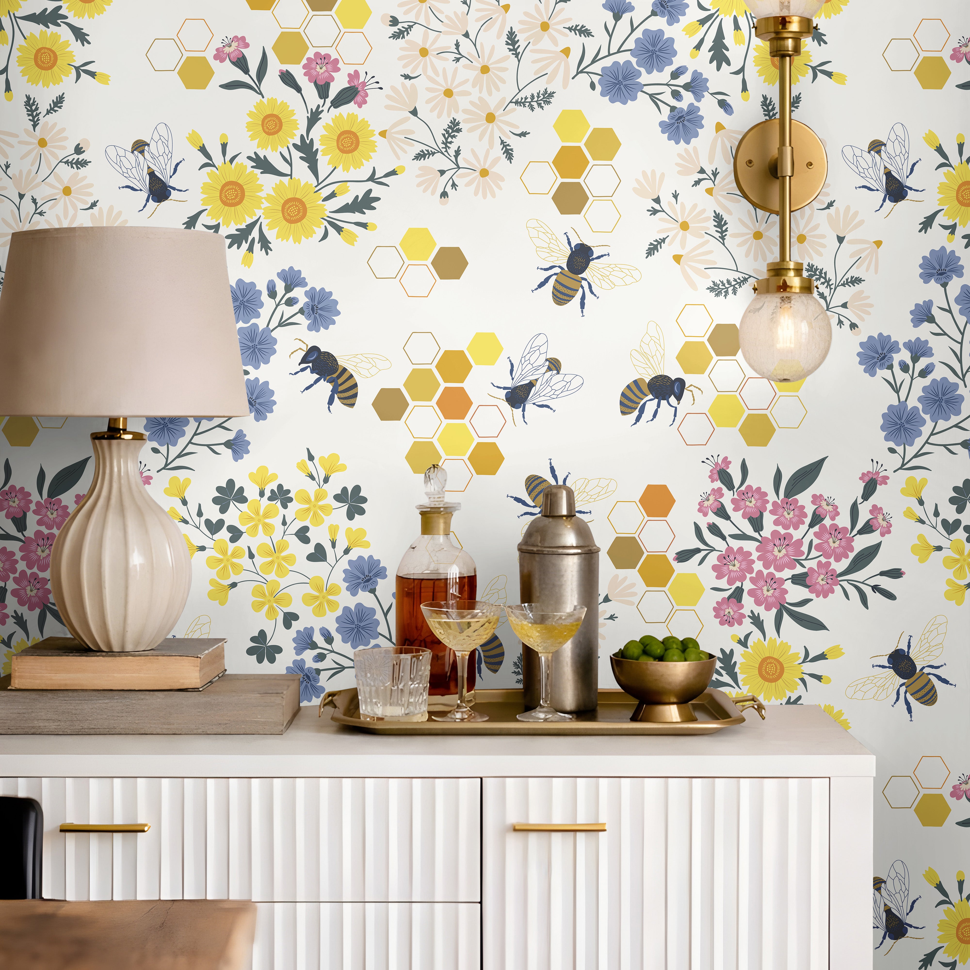 delicate honeybees, vibrant florals in golden yellow, soft pink, and calming blue, and a modern honeycomb accent