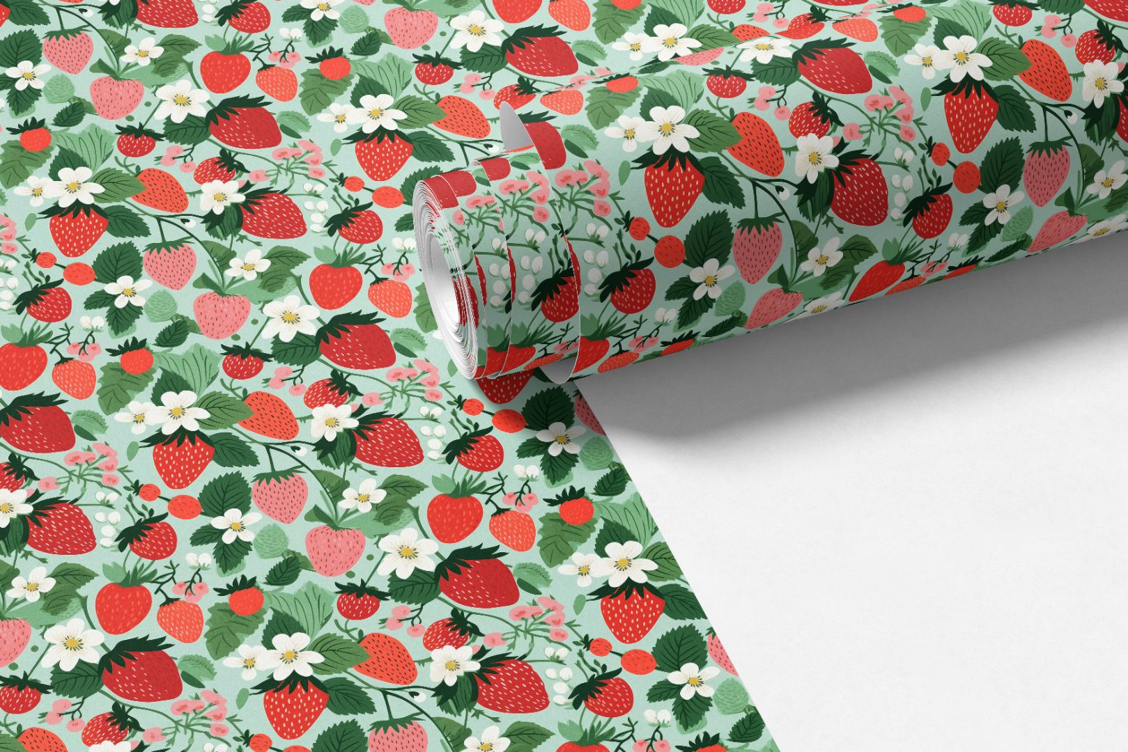 Berrycroft Contact Paper roll showing red strawberries, green leaves, and soft blush blossoms in English countryside style