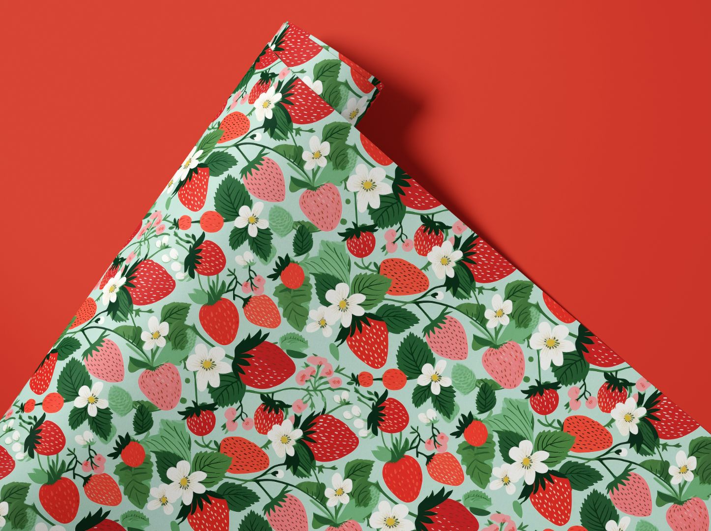 Berrycroft Contact Paper on mint green background with red strawberries, green leaves, and soft blush blossoms