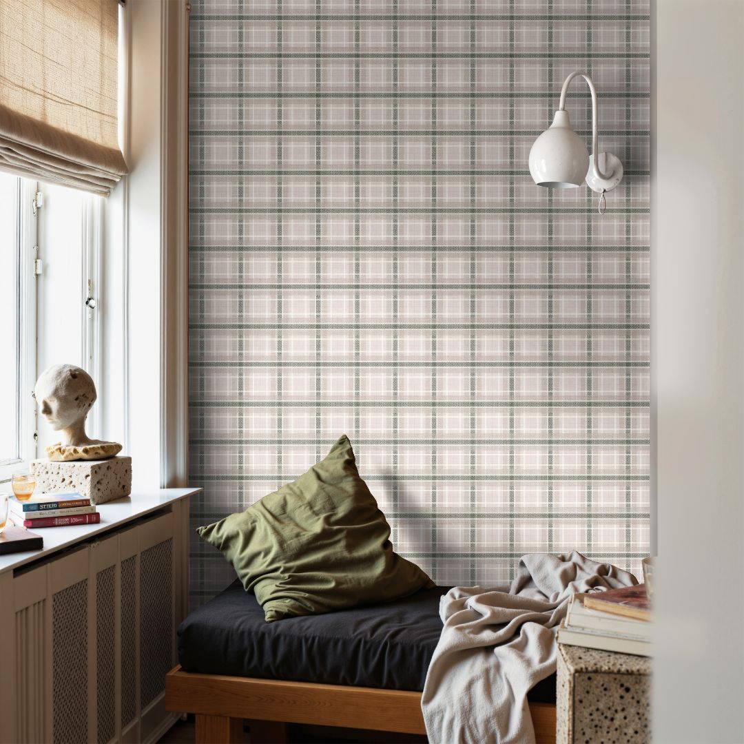 birchmark plaid wallpaper in a cozy reading nook with layered natural textures