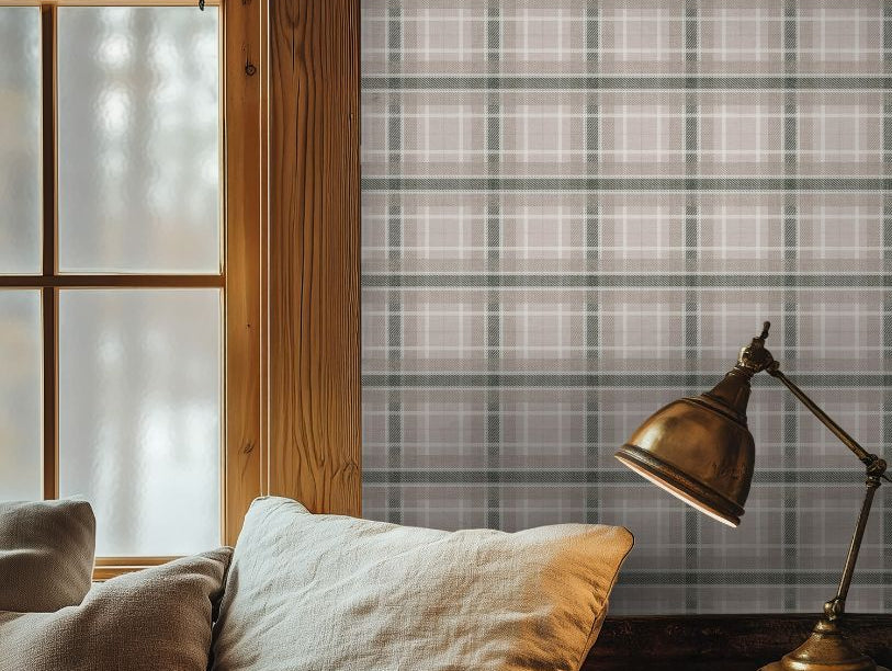 birchmark plaid wallpaper close up showing woven pattern detail and soft contrast