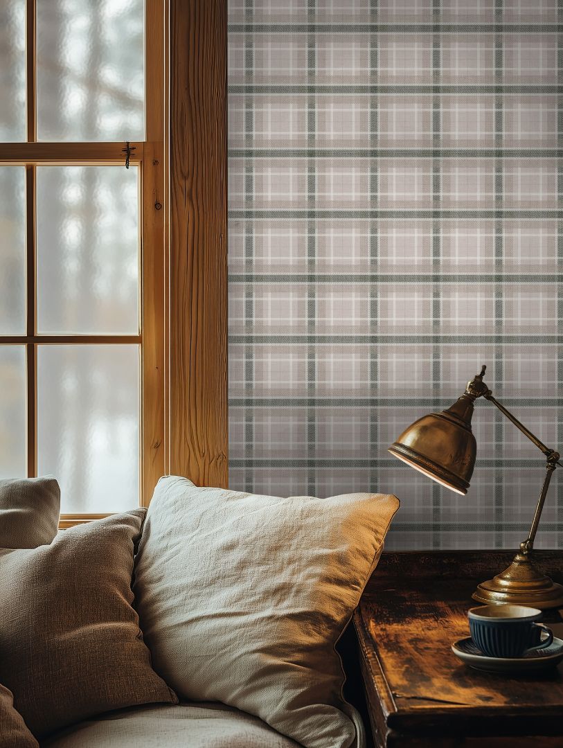 birchmark plaid wallpaper close up showing woven pattern detail and soft contrast