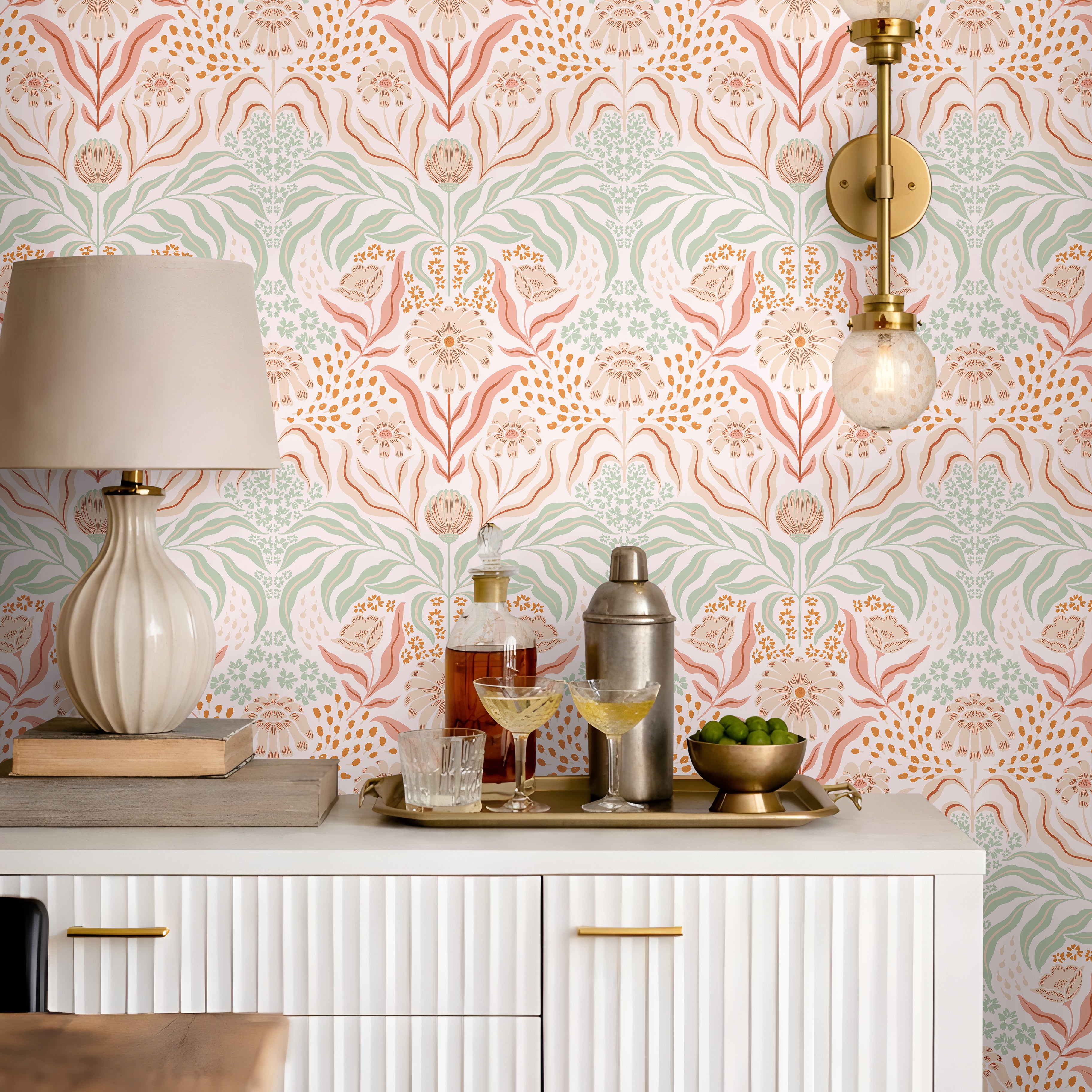 Romantic botanical wallpaper with muted floral pattern in a cozy cottage entertainment room interior.
