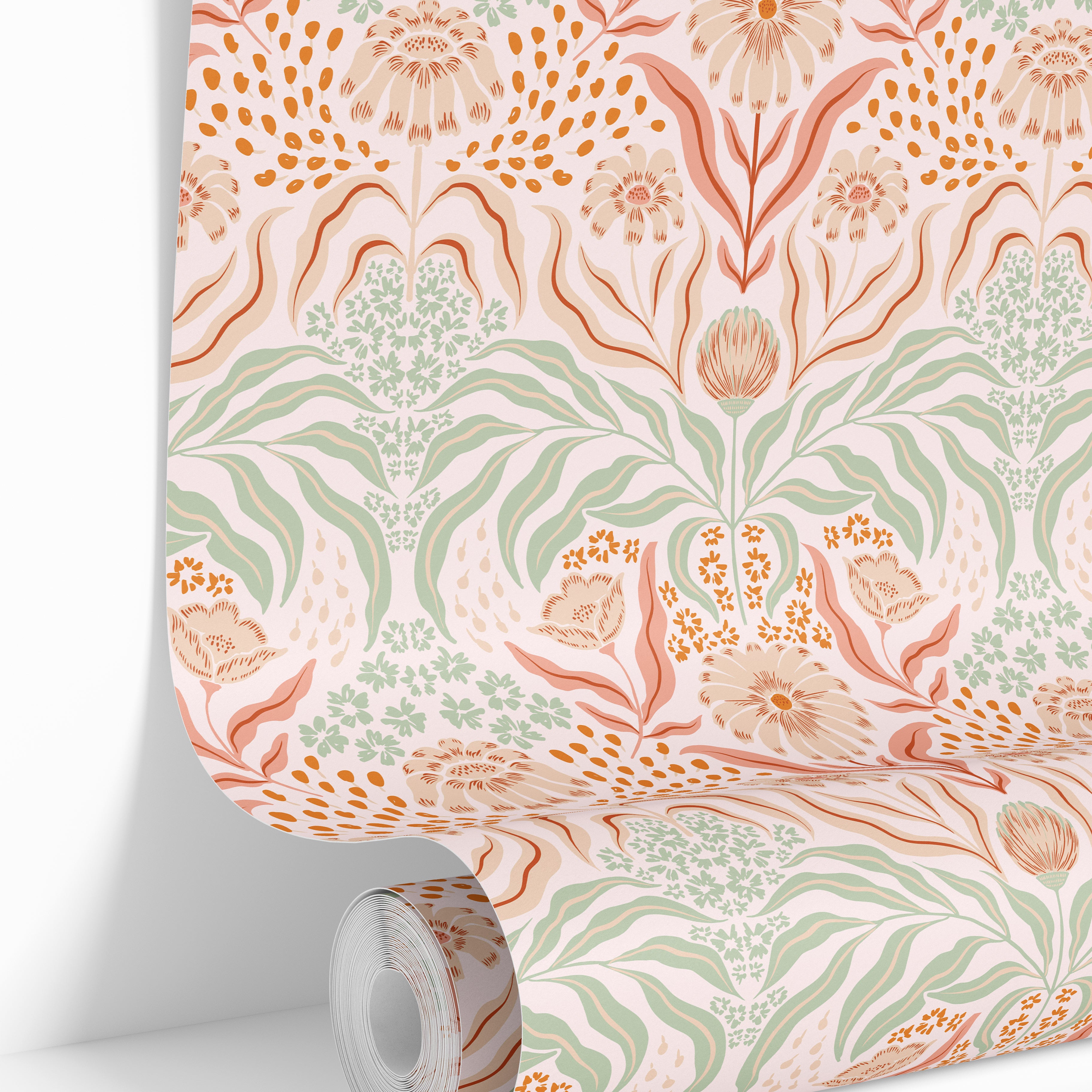 Roll view of vintage botanical wallpaper with peach floral blooms and muted sage leaves.
