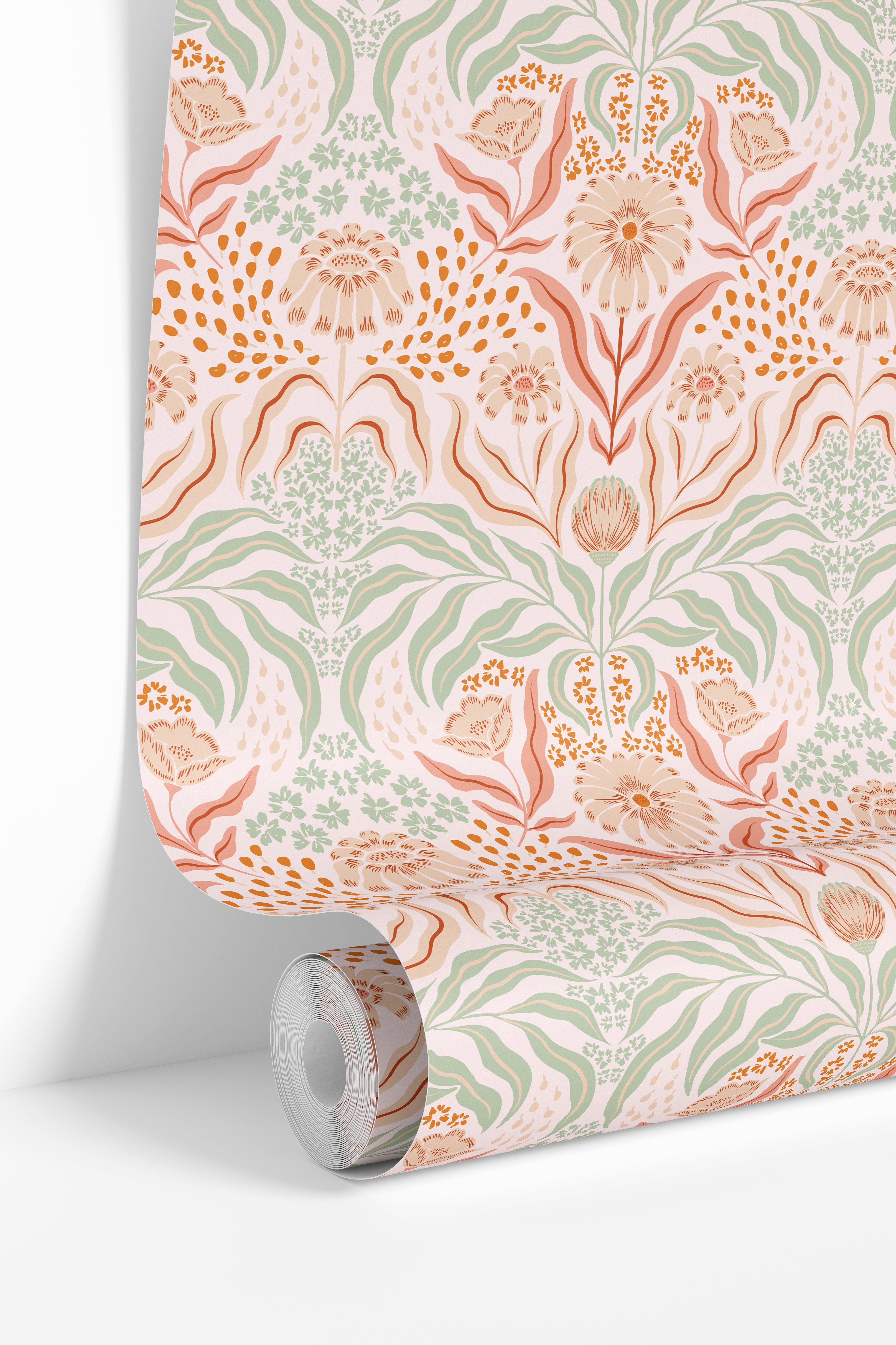 Roll view of vintage botanical wallpaper with peach floral blooms and muted sage leaves.
