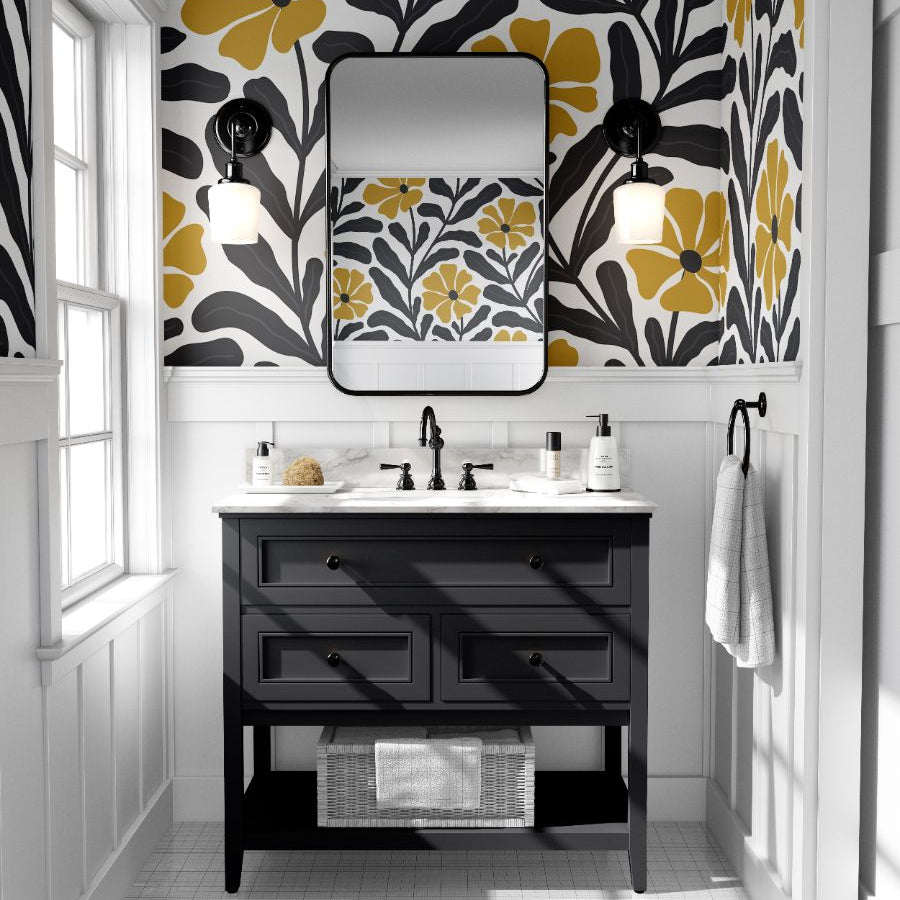 golden bloom wallpaper with mustard flowers and black leaves 541