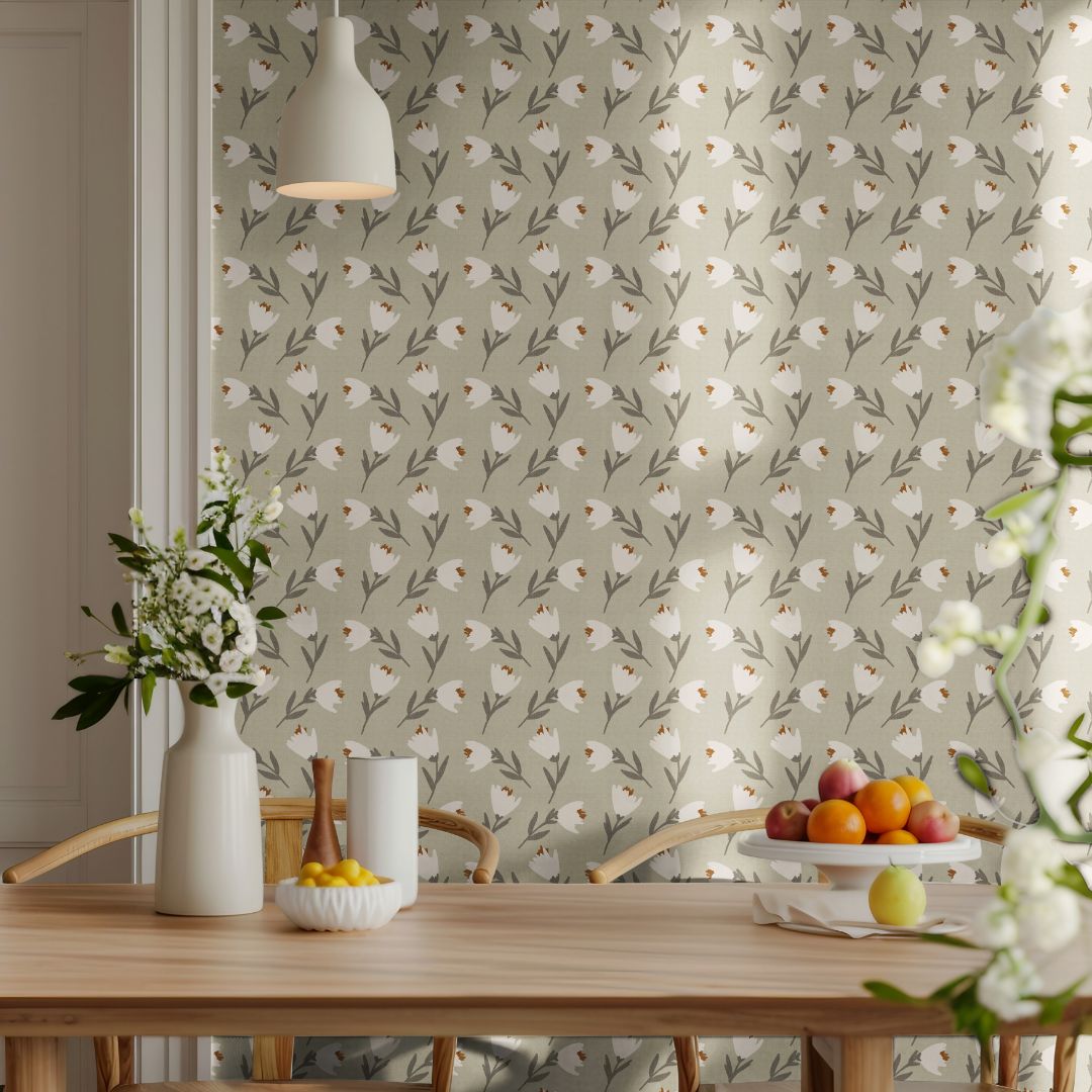 Bloom & Linen sage floral wallpaper in a bright dining room interior
