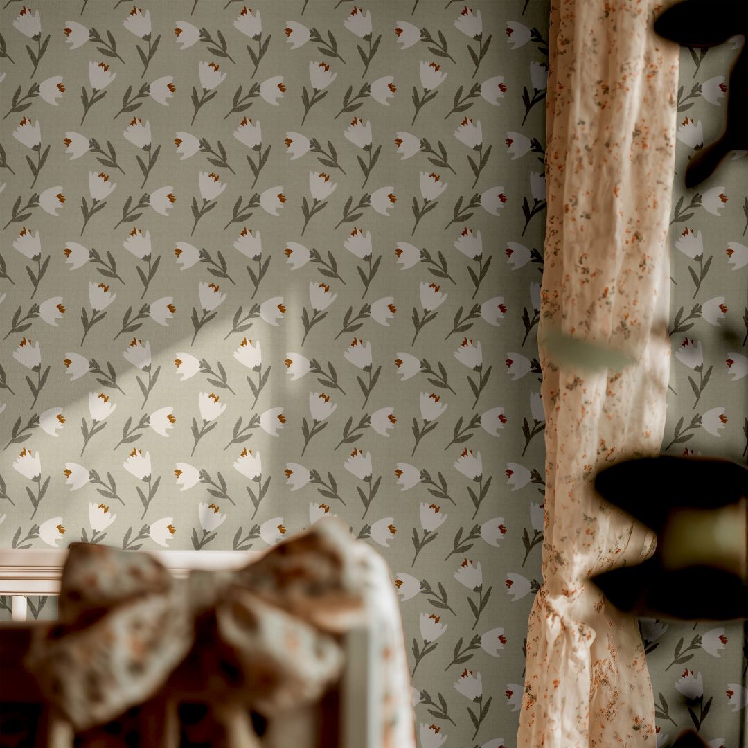 Bloom & Linen wallpaper in a soft, warm nursery with natural daylight