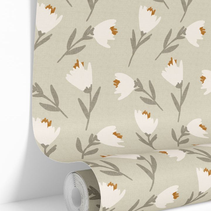 Bloom & Linen wallpaper roll showing sage background and white painterly florals