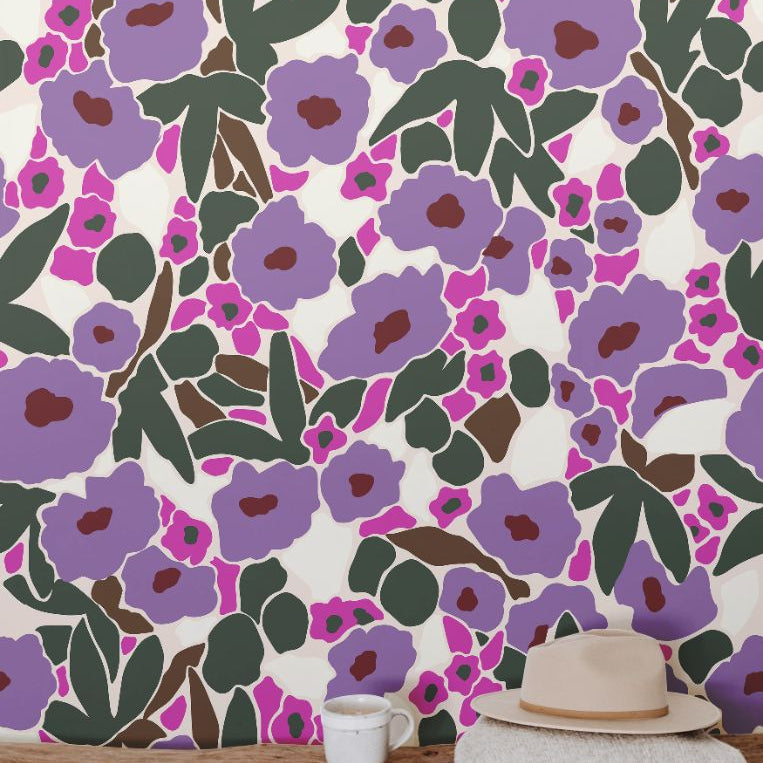 Close-up view of Bloom Society wallpaper highlighting bold floral shapes and saturated color palette