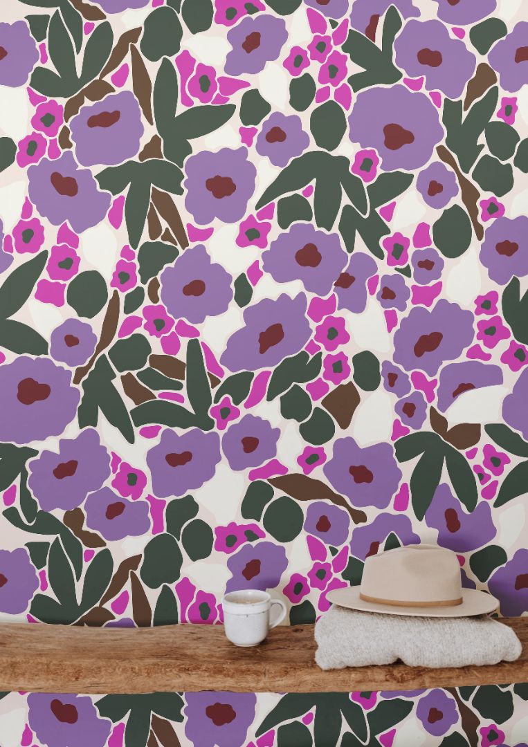 Close-up view of Bloom Society wallpaper highlighting bold floral shapes and saturated color palette