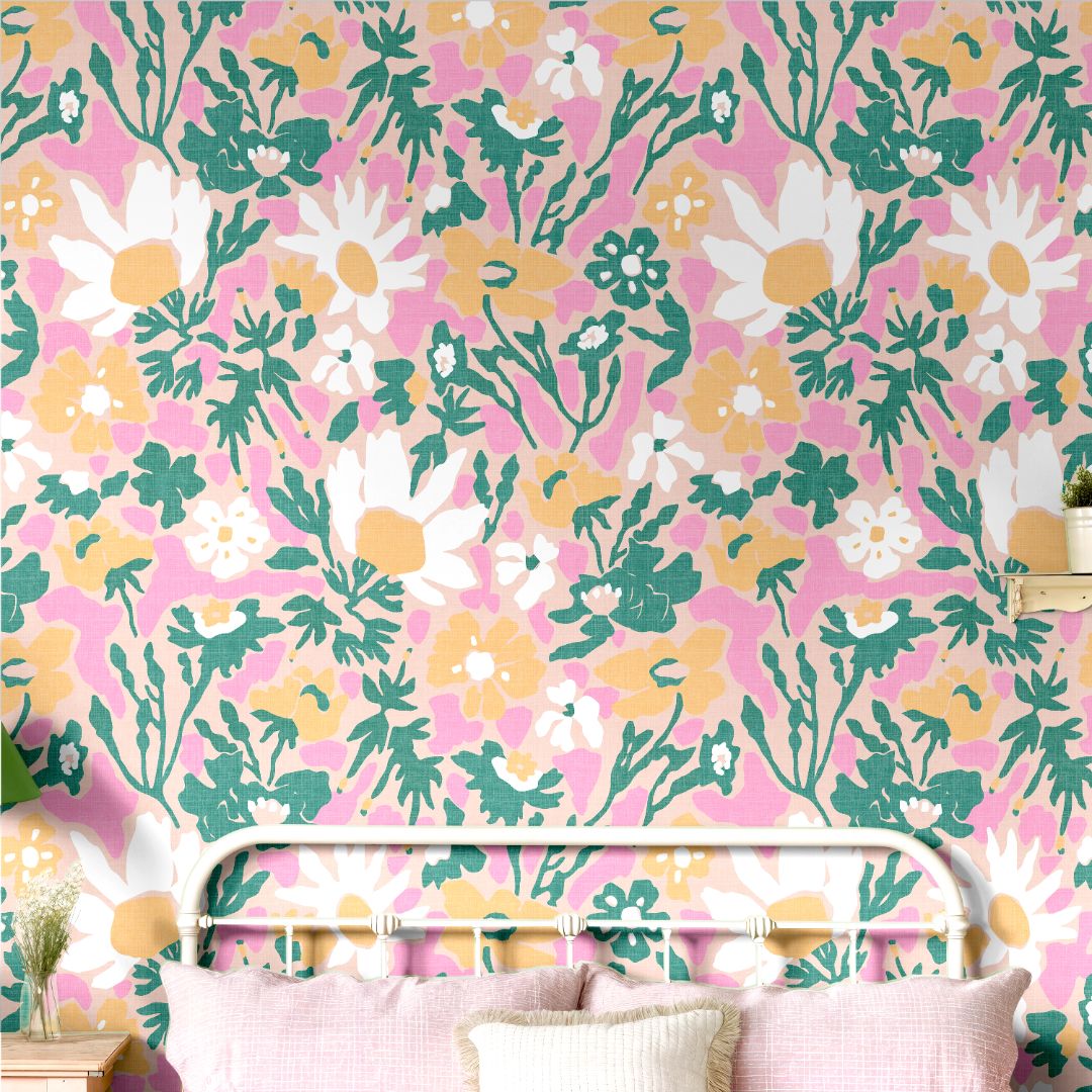 Bloomscatter Wallpaper – 2214 used as a floral feature wall in a bedroom
