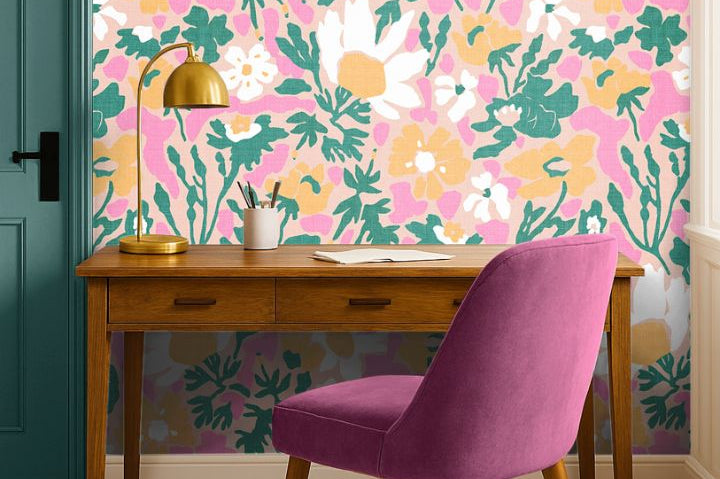 Bloomscatter Wallpaper – 2214 installed in a home office with colorful floral wallpaper on the wall