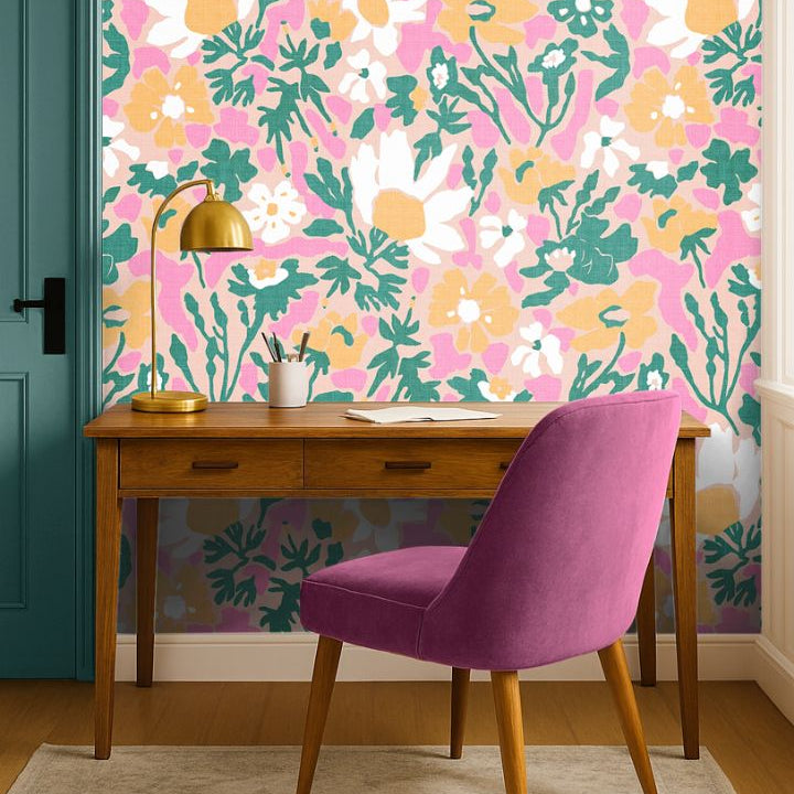 Bloomscatter Wallpaper – 2214 installed in a home office with colorful floral wallpaper on the wall
